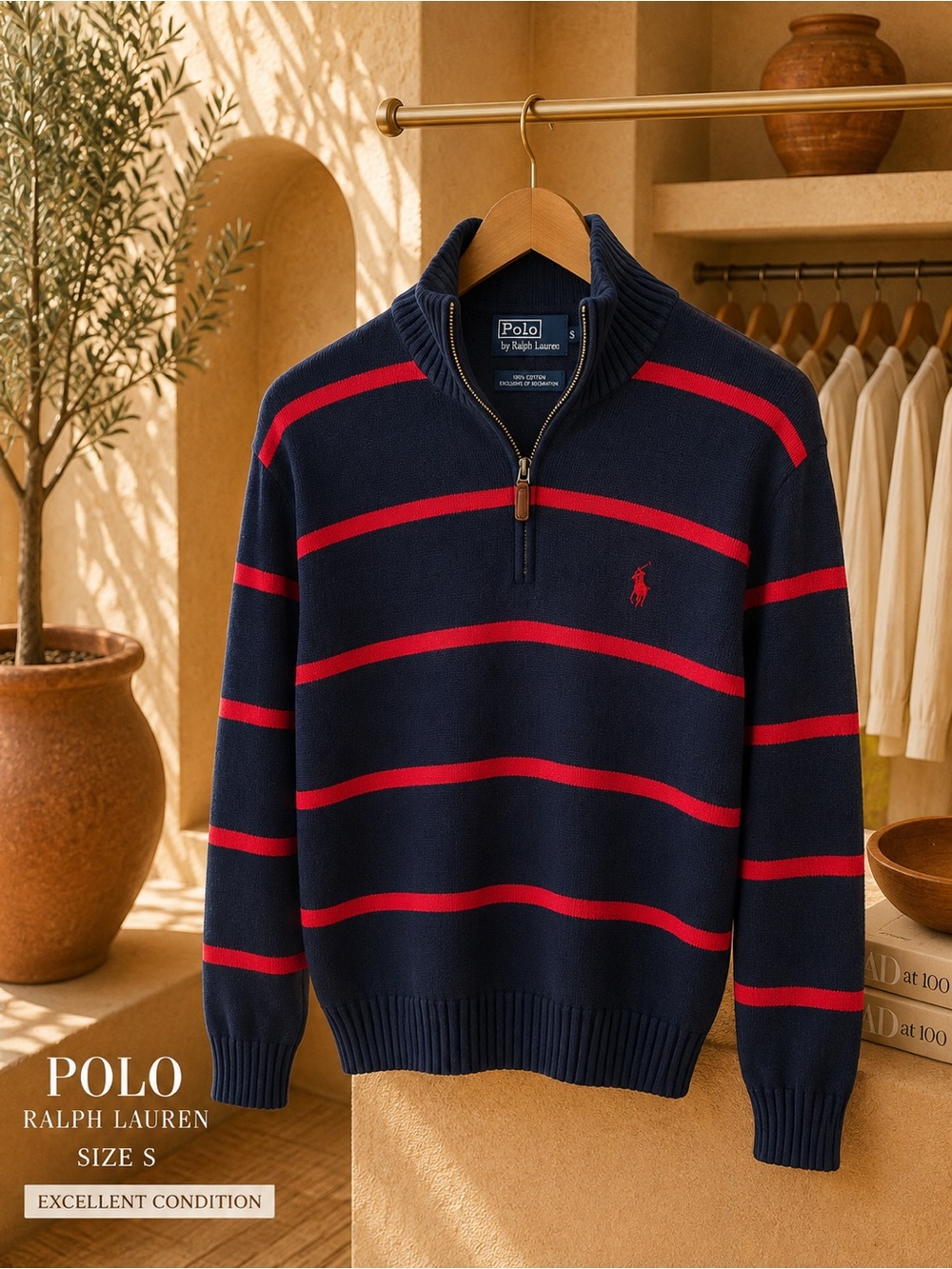 Polo Ralph Lauren Men’s Navy & Red Striped Half-Zip Sweater – Size L